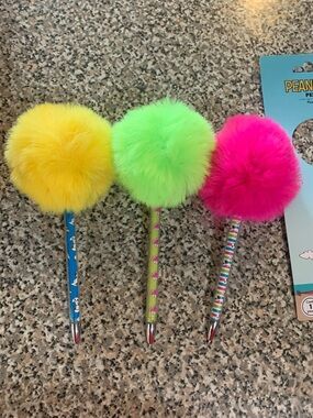 Peanuts Fuzzy Pom Pom Ballpoint Pens - Yellow, Green, Pink